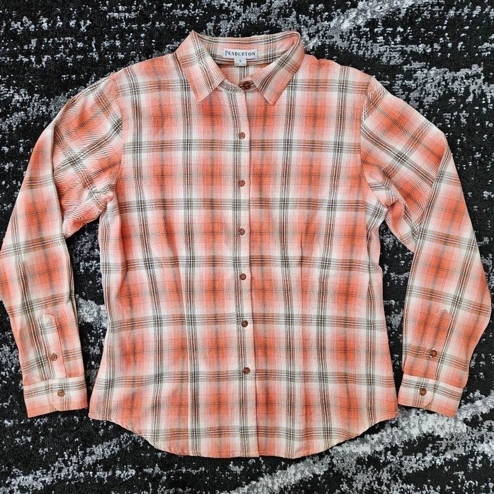 Pendleton Orange Brown Plaid 100% Cotton Button Down Shirt Women's Size Small